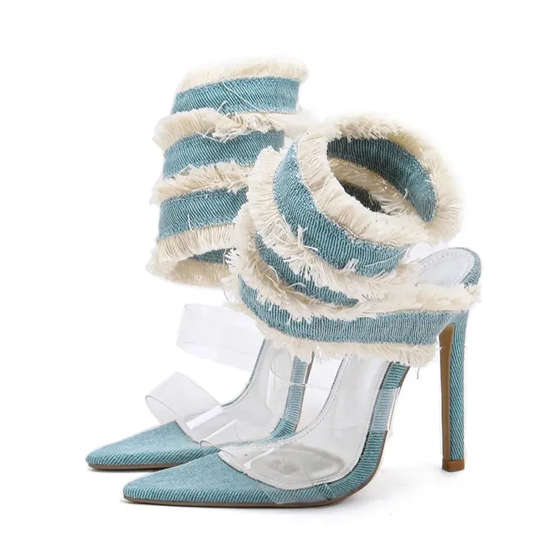 Denim Ankle Sandal With Snake Surround Strap For Women