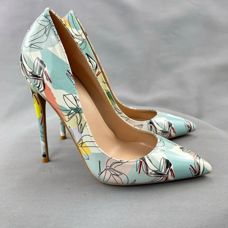 Light Green Print Women Pointy Toe High Heel Shoes