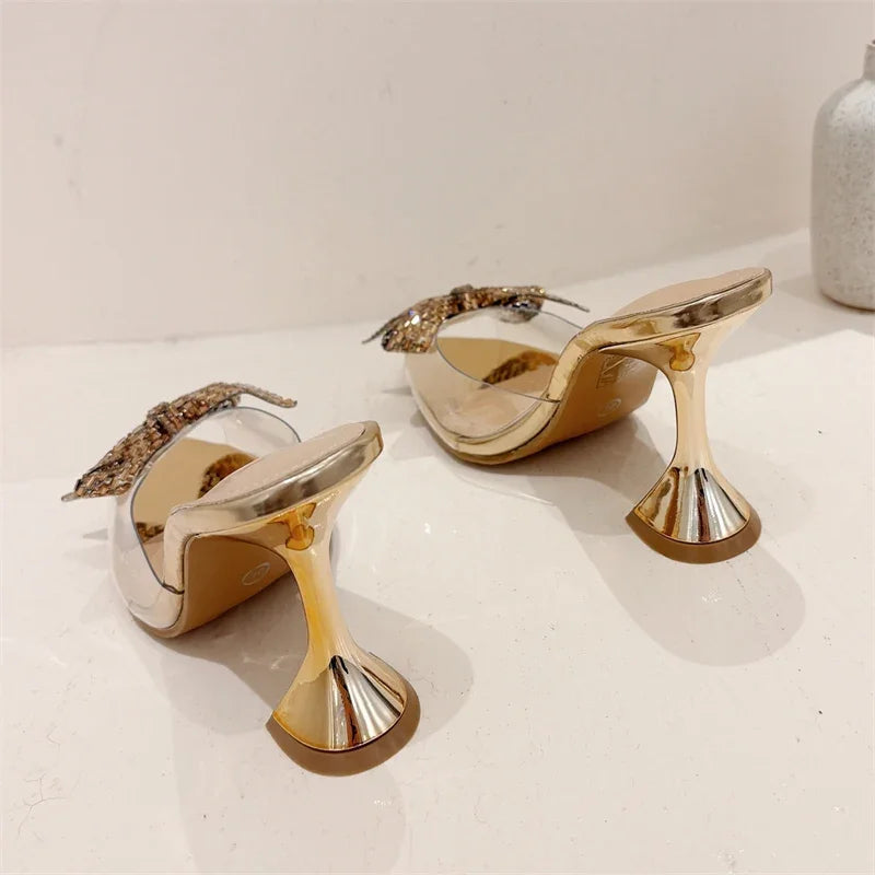 Glitter Crystal Peep Toe Women Slippers With Transparent High Heels