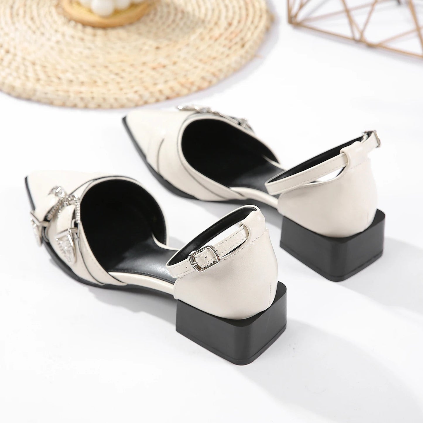 Women’s Rhinestone Pointed Shallow Low-Heeled Sandals With Belt Buckle