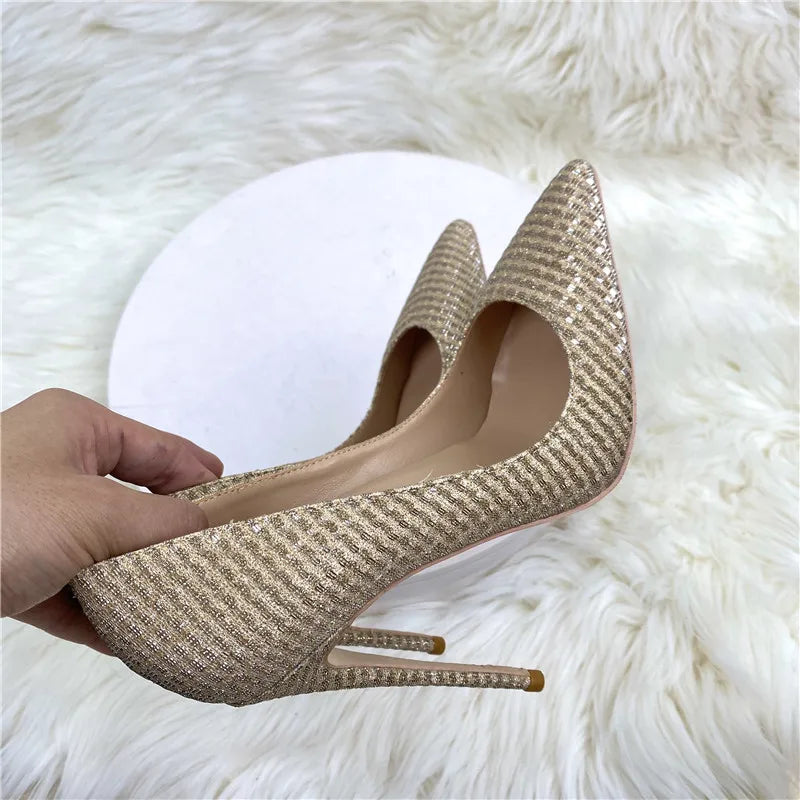 Gold Sequined Women Pointy Toe High Heels