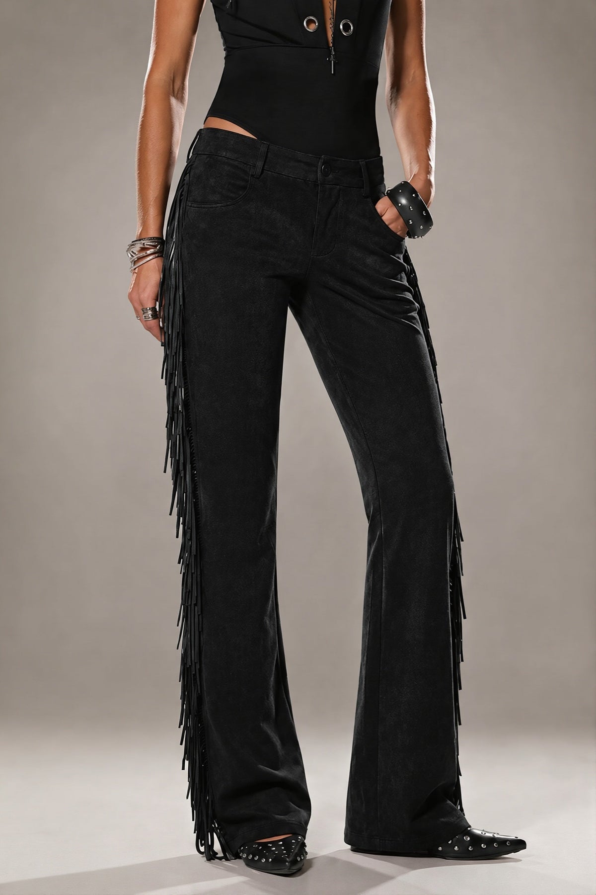 Side Fringe Suede Look Wide Leg Pants