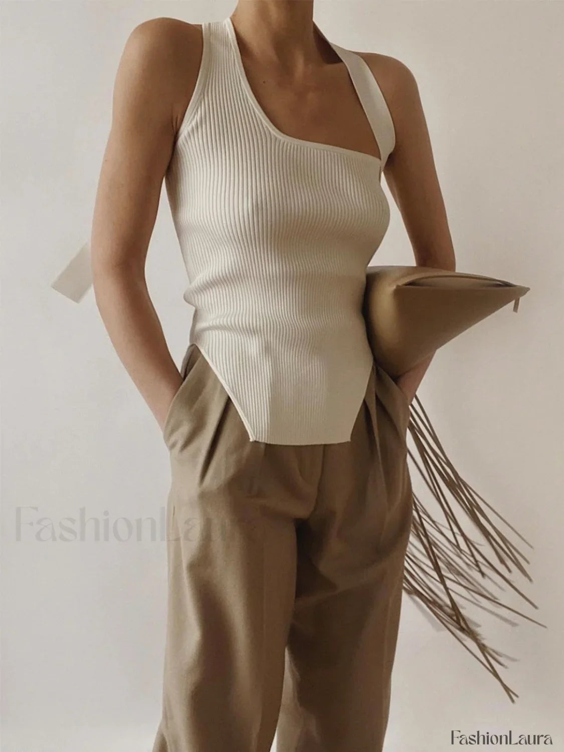 Asymmetrical Halter Rib Vest Sweater Vests