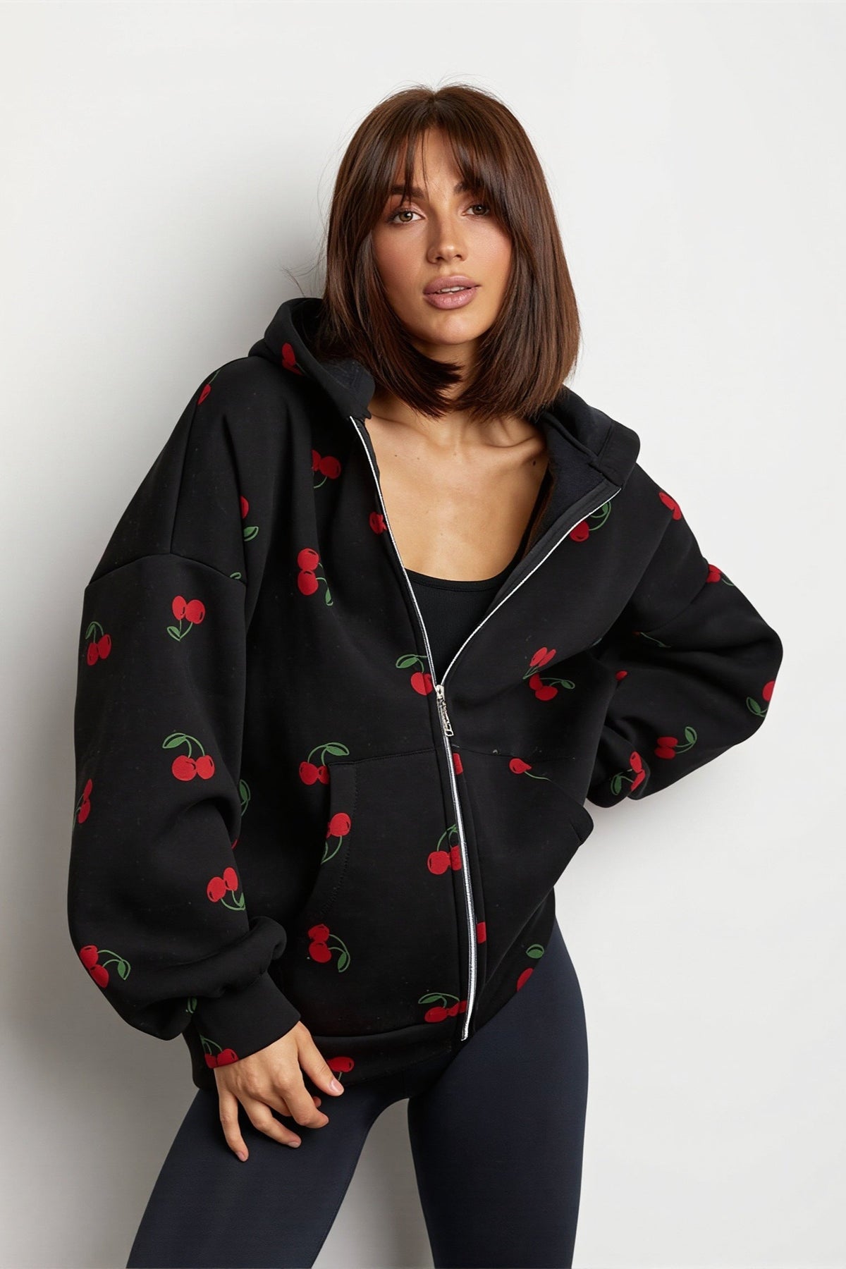 Cherry Print Zip Front Hoodie