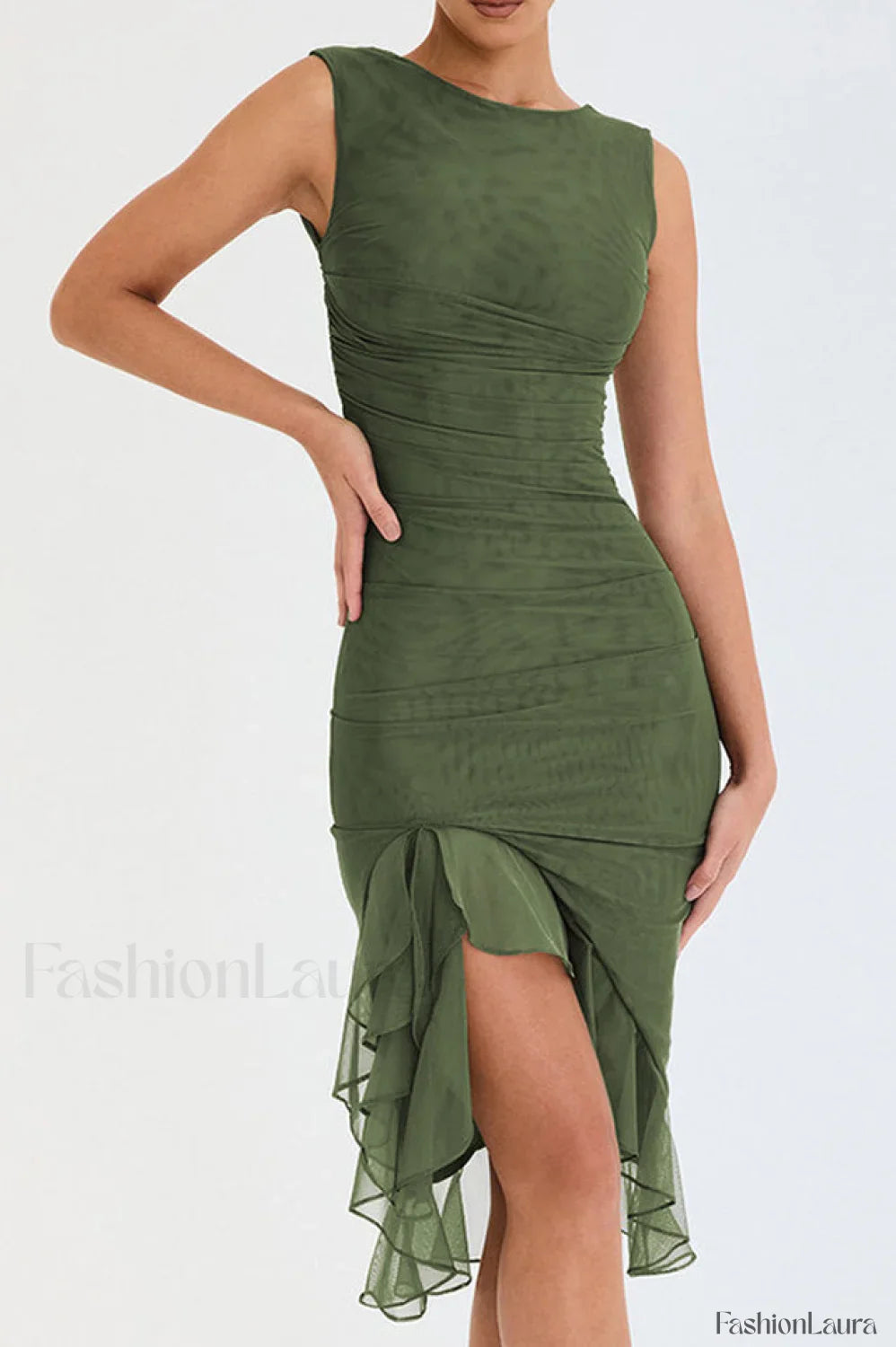 Bay Leaf Stylish Ruffle Midi Dress S / Leaf