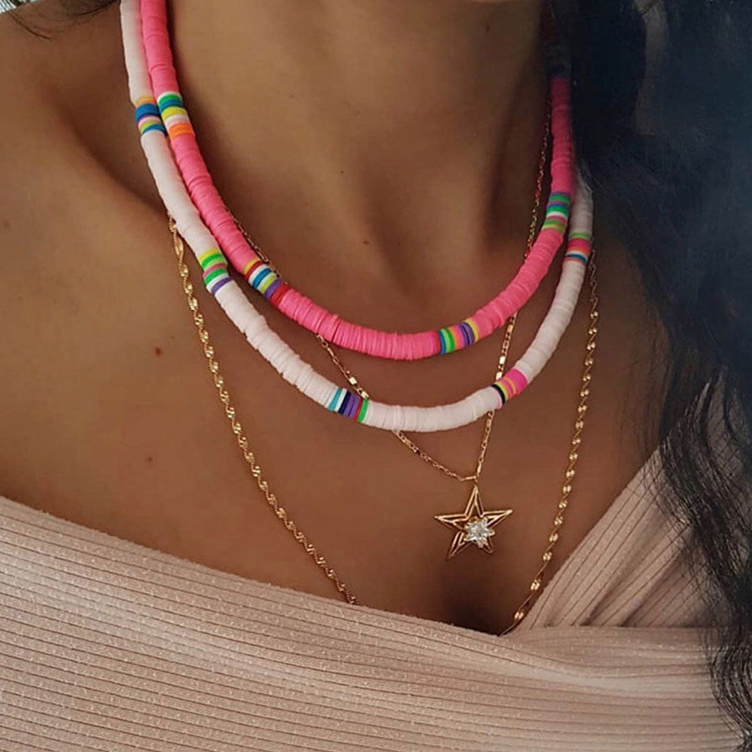 Boho Mixed Color Bead Necklace - Pink Beach Style One Size /