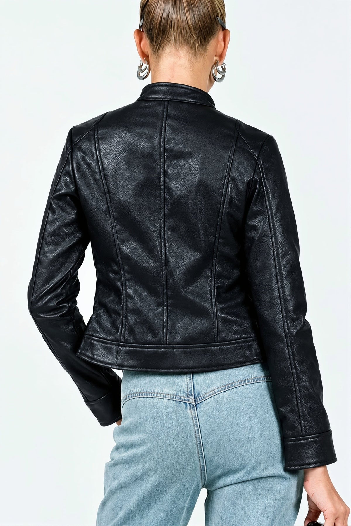 Fitted Stand Collar Faux Leather Moto Jacket