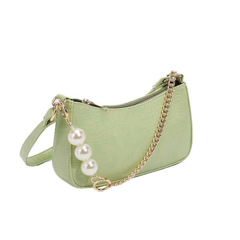Sage Green Croco Embossed Baguette Bag With Chic Pearl Chunky Chain