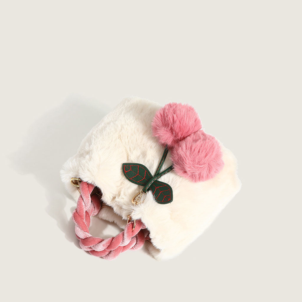 Cherry Trim Fluffy Tote Bag With Twist Shoulder Strap - White