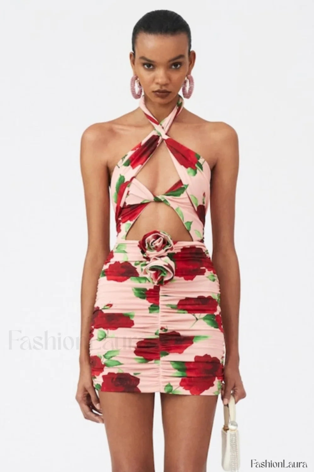 Cutout Ruched Floral Charming Jersey Mini Dress S / Rose Print