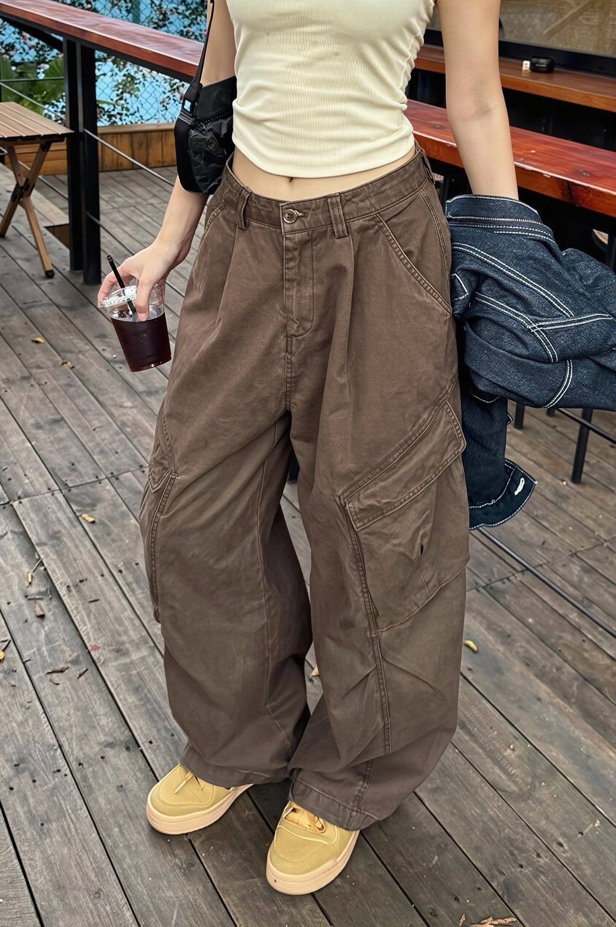 Washed Pleated Wide Leg Cargo Pants