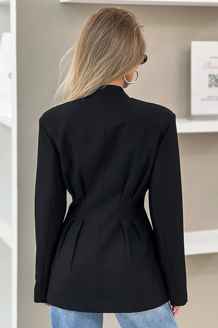 Pleated Waist Stand Collar Blazer
