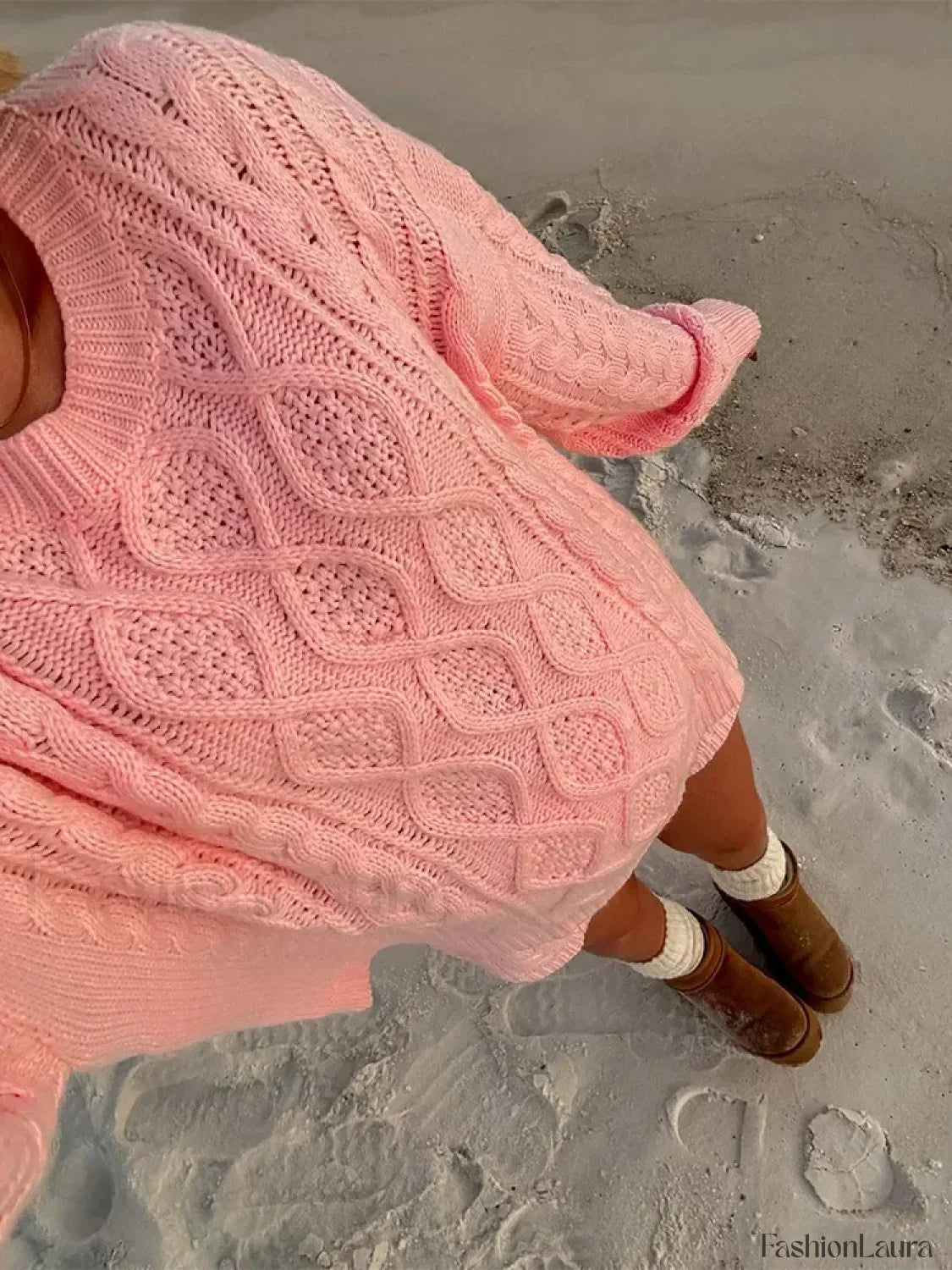 Elegant Sweet Pink Oversized Twist Knitted Pullover Women Casual O Neck Sweater Pink / S Sweaters L