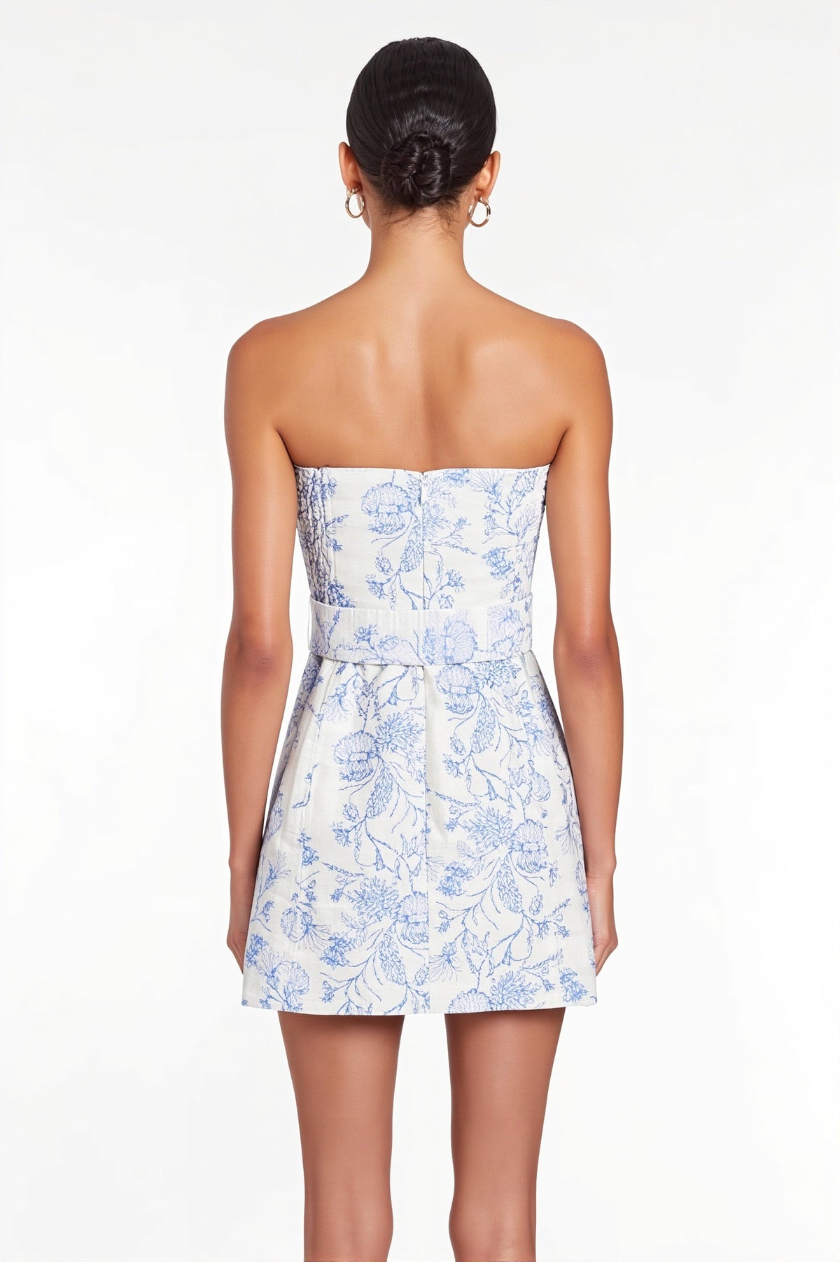 Floral Jacquard Belted Strapless Mini Dress