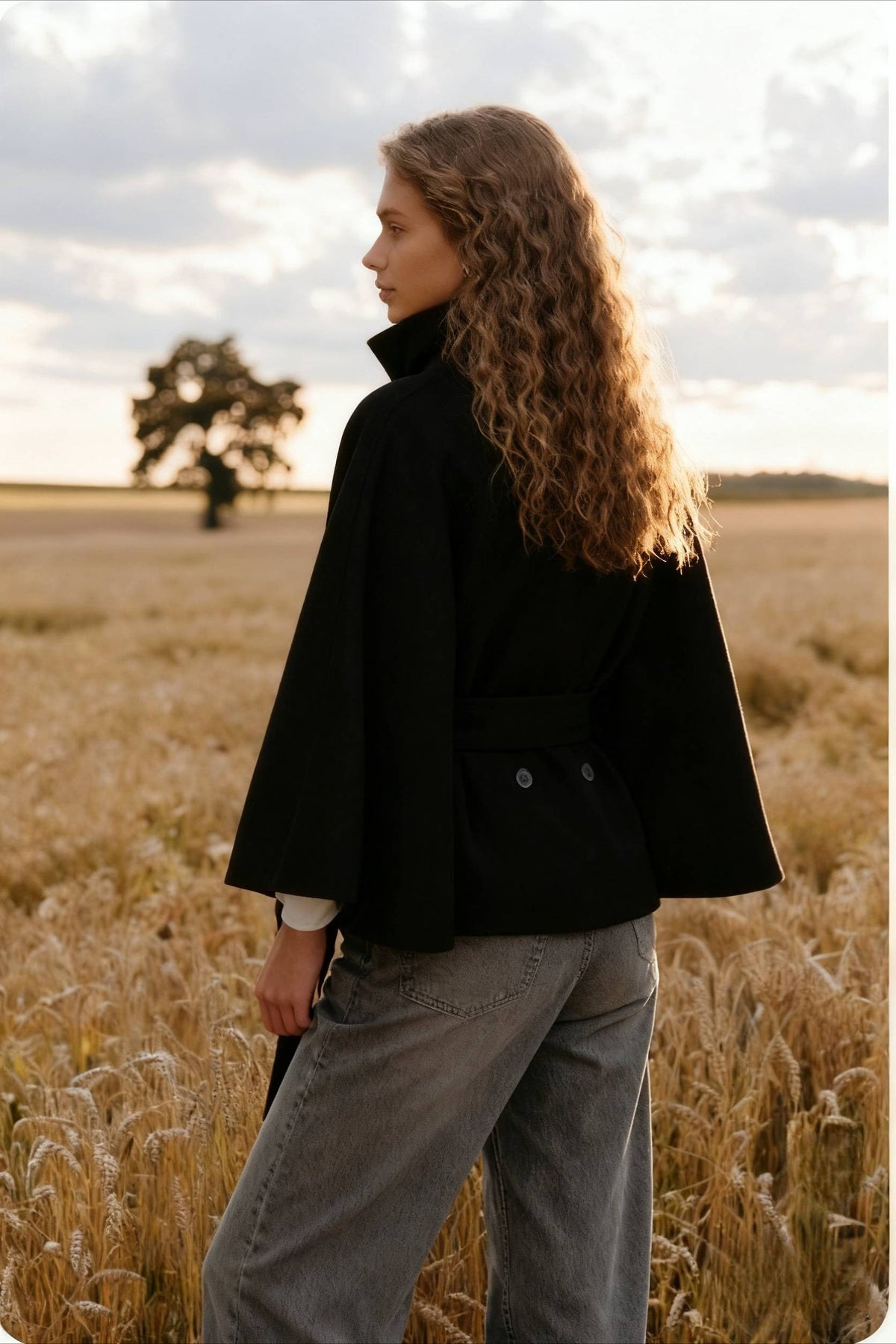 Button Up Stand Collar Cape Coat