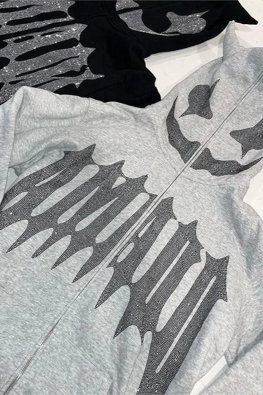 Rhinestone Zipper Oversized Hoodie