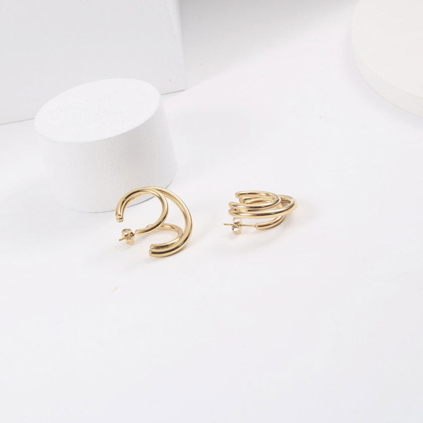 Gold Tone Triple Circle Double Hoop Earrings