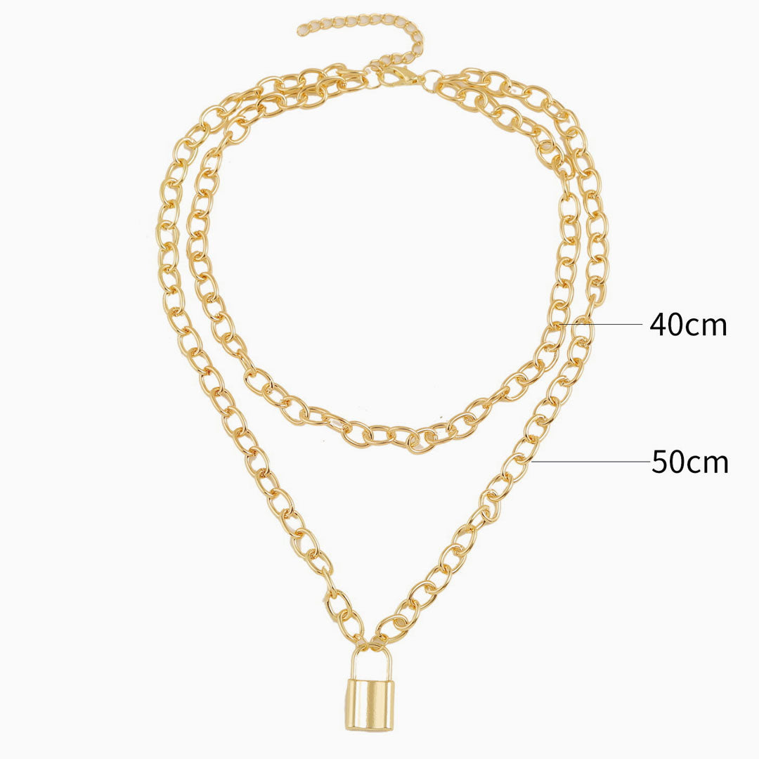 Gold Layered Chain-Link Necklace With Modern Lock Pendant