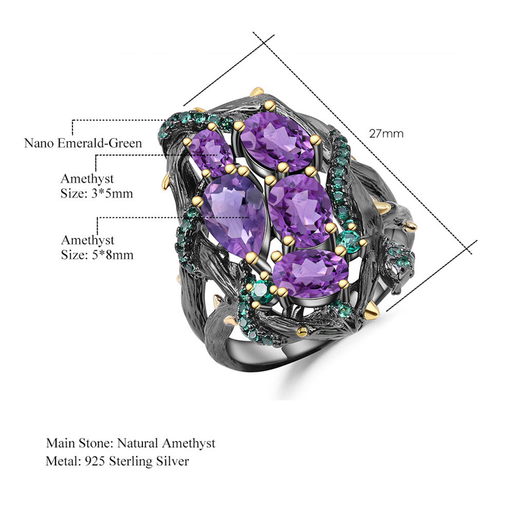 Emerald Green Nano Crystal Snake Ring With Natural Amethyst Purple / 9