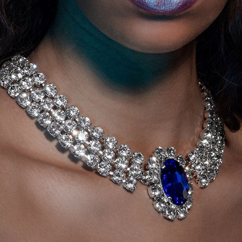 Faux Sapphire Crystal Collar Necklace - Silver