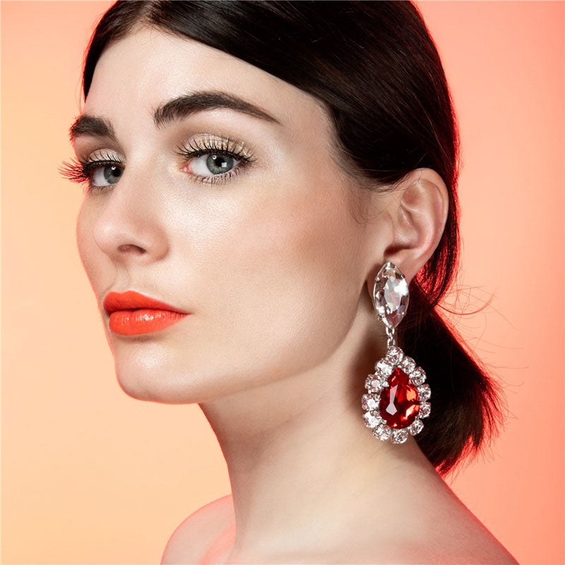 Red Pear Cut Gem Dangle Earrings Silver Plated