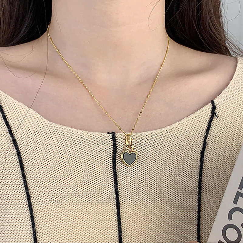Black Onyx Heart Pendant With Mother Of Pearl Satellite Chain Choker Necklace