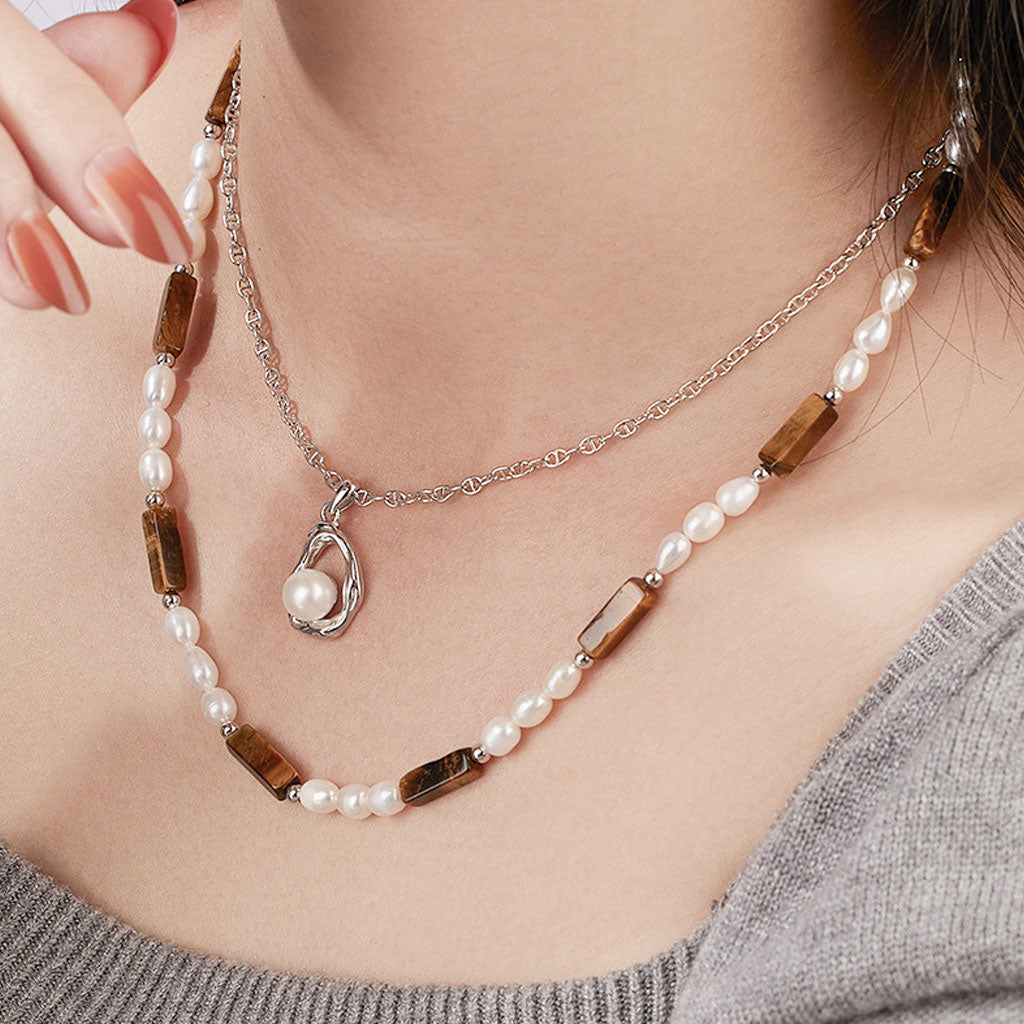 Freshwater Pearl And Tiger Eye Baguette Choker Necklace