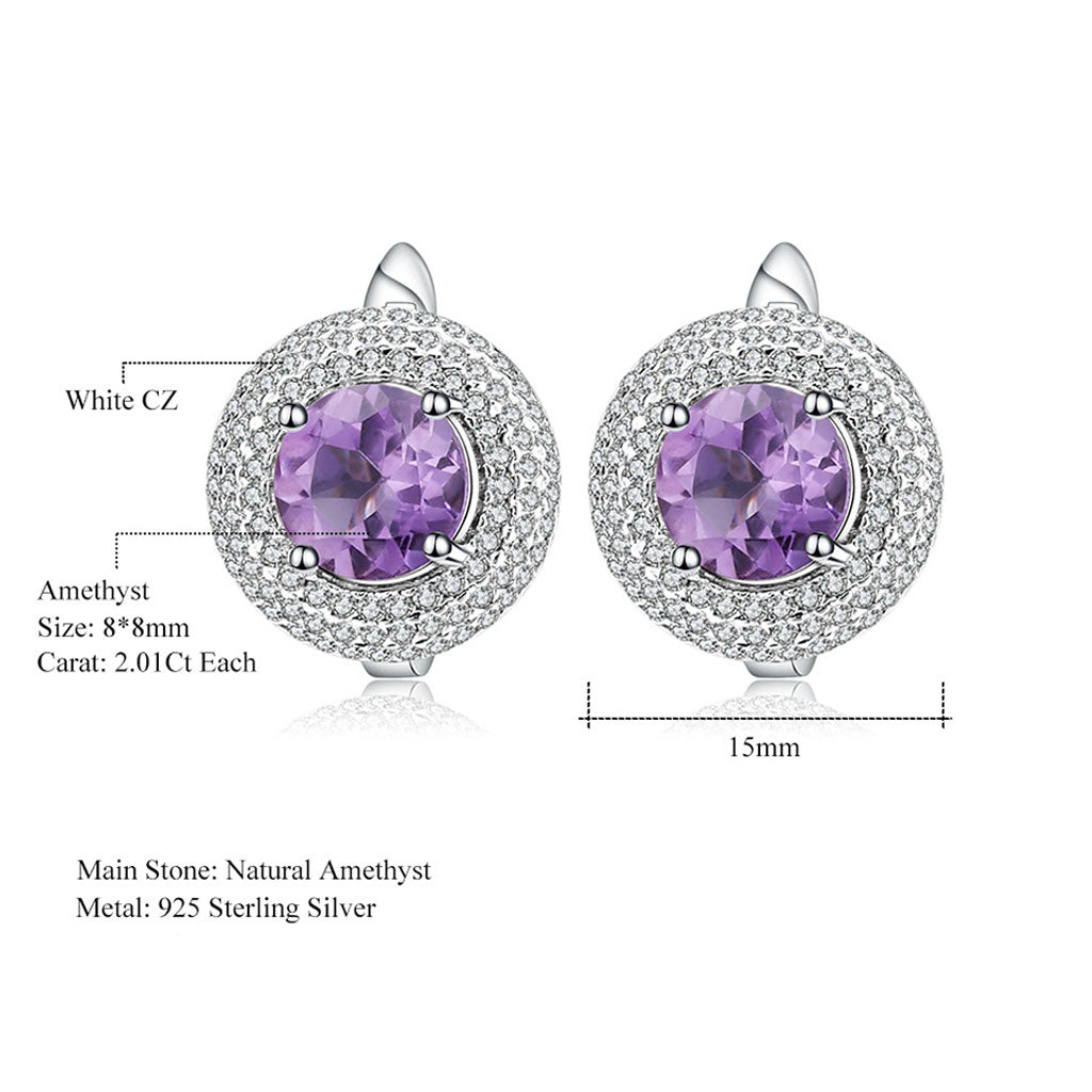 Amethyst Halo Cluster Stud Earrings With Clear Cubic Zirconia