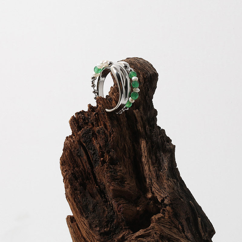 Pearl Gemstone Beaded Silver Layered Cuff Ring