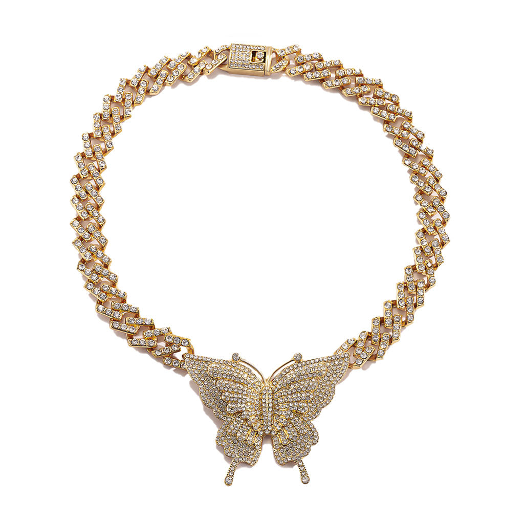 Rhinestone Butterfly Charm Statement Necklace - Gold