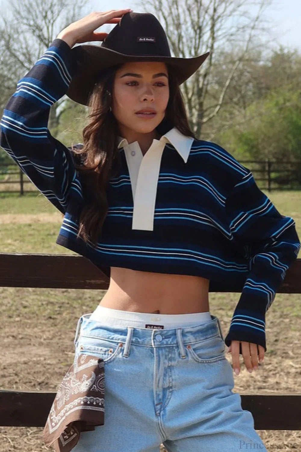 Striped Polo Neck Short Slim Pullover Long Sleeve Tee