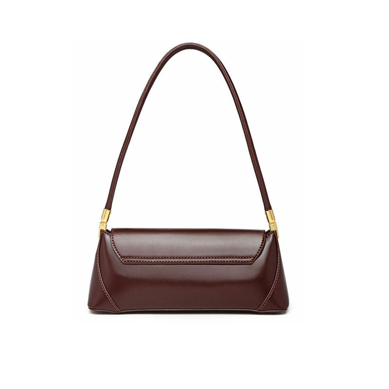 Gold Tone Buckle Flap Leather Baguette Bag - Chocolate