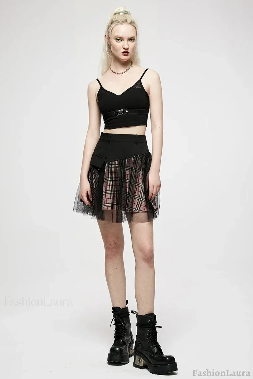Women’s Mesh Panel Plaid High Waist Short College Style Stitched A-line Youth Girl Mini Skirt BLACK / S