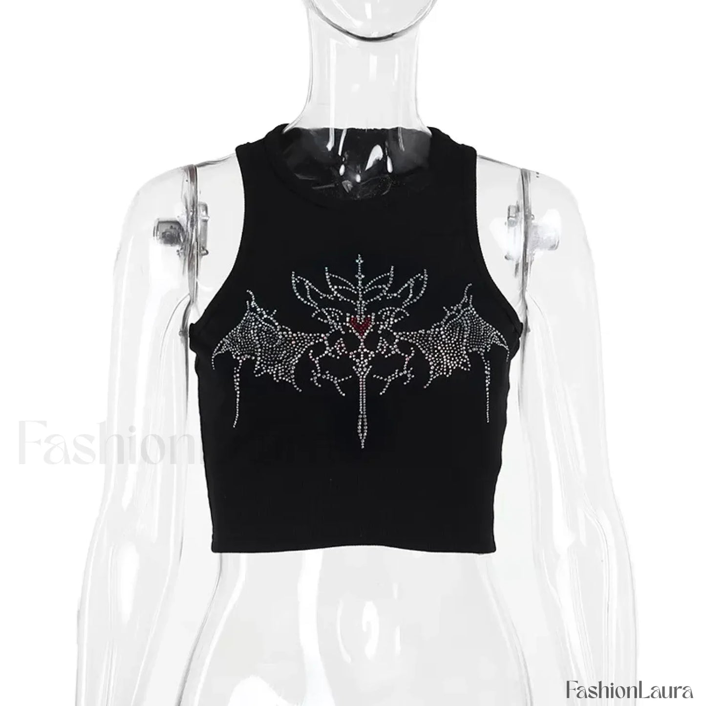 Y2K Vintage Fairy Rhinestone Graphic Crop Top Black / S