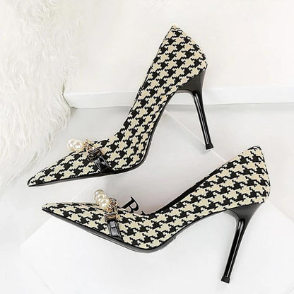 Grain Women Pumps With Pearl Chain Design - High Quality Heels
