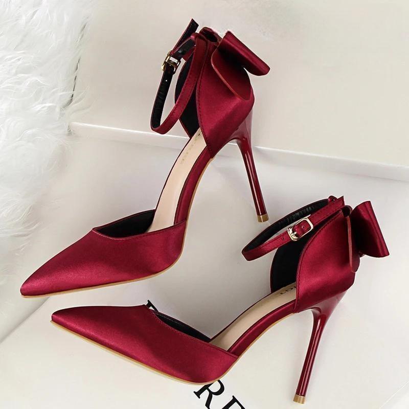 Satin Bow-Knot High Heels Women Pumps For Sexy Wedding Stiletto Red Wine-10Cm / 35