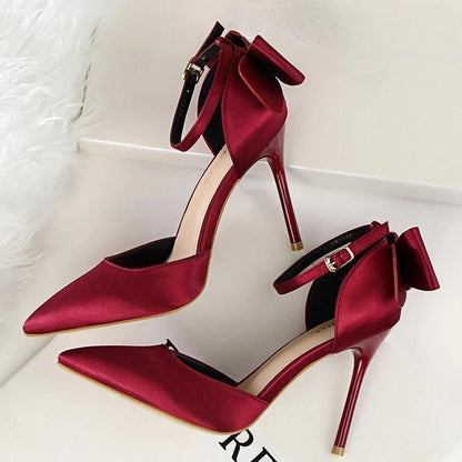 Satin Bow-Knot High Heels Women Pumps For Sexy Wedding Stiletto Red Wine-10Cm / 35