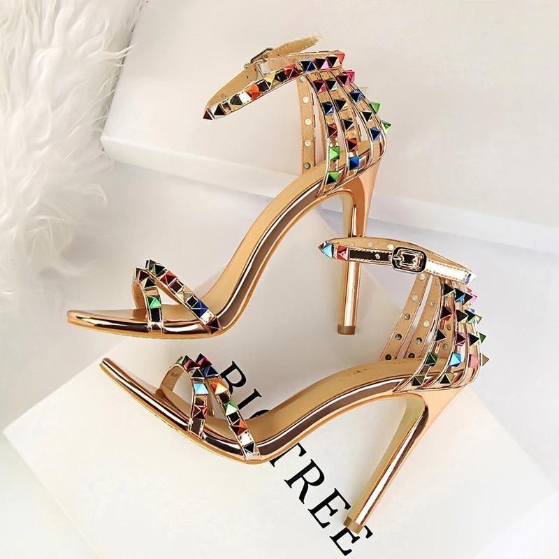 Rivets Women Sandals Roman Style Heeled Champagne / 34