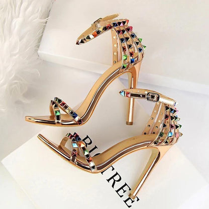 Rivets Women Sandals Roman Style Heeled Champagne / 34