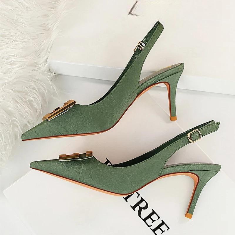 Metal Kitten Heels Hollow High Woman Pumps Sexy Party Shoes Green / 34