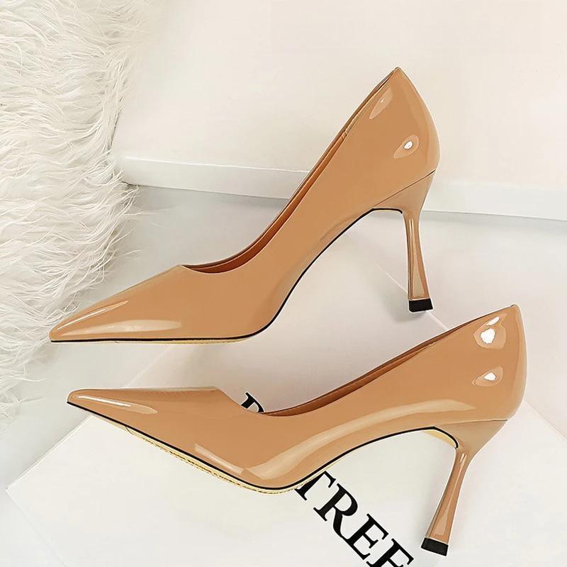 Patent Leather Pointed Toe Stiletto Pumps For Women Office Wear 627-3-Nude / 34