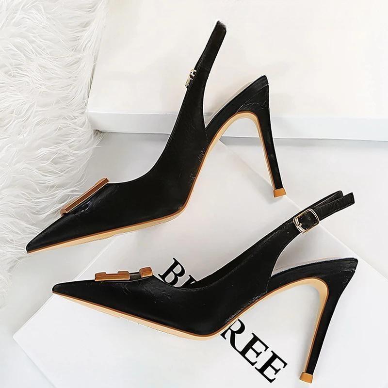 Metal Square Buckle High Heel Stiletto Pumps For Women Pointed Toe Sexy Party Shoes Black-9.5Cm / 34