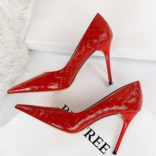 Woven Pattern Patent Leather Woman Pumps High Heels Red / 34