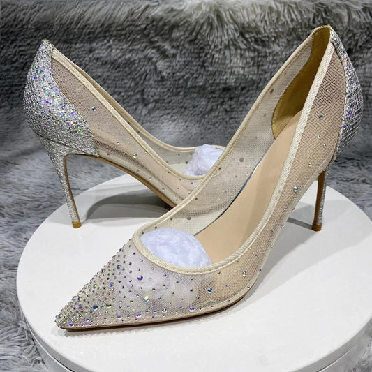 Silver Rhinestone Gauze Pointy Toe High Heel Wedding Party Bridal Shoes