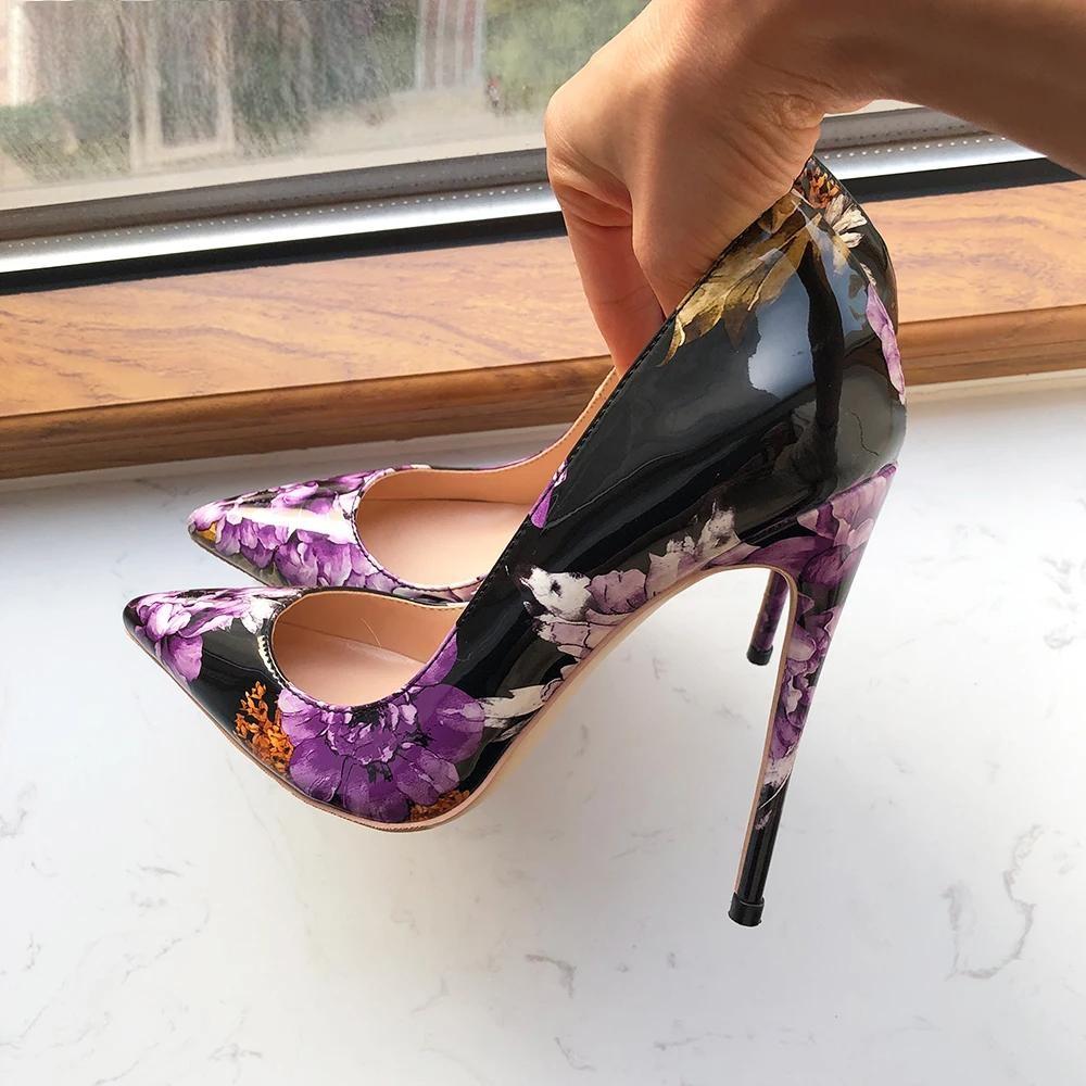 Purple Flower Print Women Patent Pointy Toe High Heel Shoes