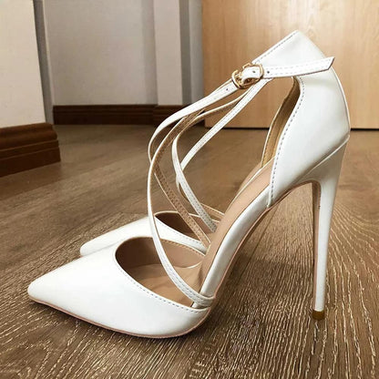 White Glossy Patent Cross Strap Stiletto Pumps For Women