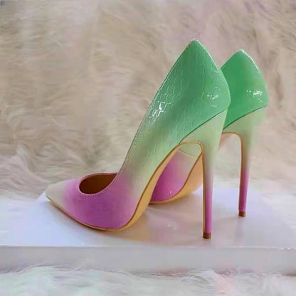 Mint Pink Crocodile Effect Pointy Toe High Heel Shoes For Women