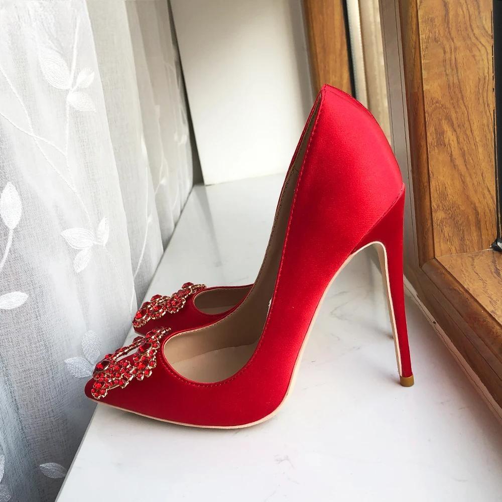 Red Silk Satin Pointy Toe High Heel With Square Rhinestones For Women