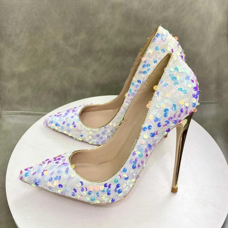 White Pointy Toe High Heel Shoes With Bling Sequins For Women