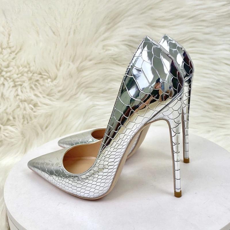 Silver Crocodile Effect Pointy Toe High Heel Party Shoes For Women